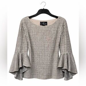 Alex Evenings XL Petite Evening Top Shimmer Flare Bell Sleeve Silver Tan Flowy